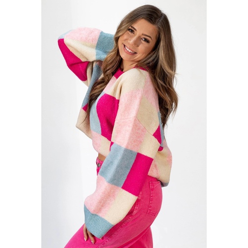 Rose Red Color Block Drop Shoulder Crewneck Loose Fit Sweater - XL - Main Image