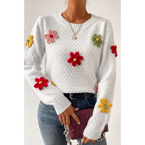 White Colorful Flower Applique Textured Knit Sweater - XL - Main Image