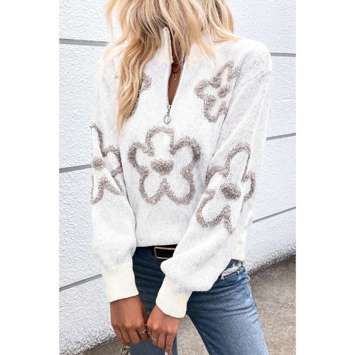 White Contrast Flower Half Zipper Stand Neck Sweater - XL - Main Image