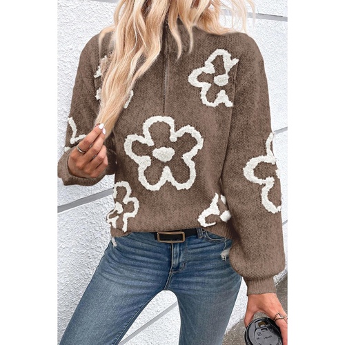 Parchment Contrast Flower Half Zipper Stand Neck Sweater - L - Main Image
