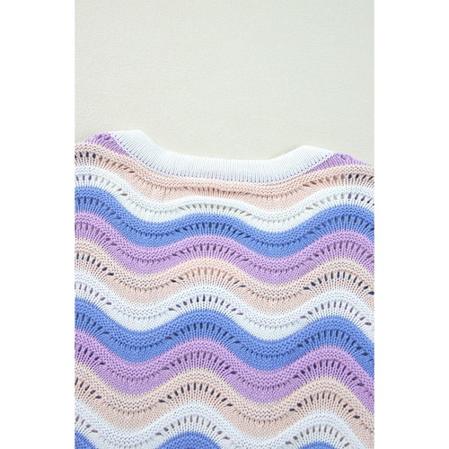 Purple Stripe Wavy Pointelle Knit Drop Shoulder Sweater - M - Main Image