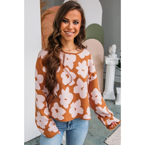 Brown Floral Pattern Crew Neck Long Sleeve Loose Sweater - L - Main Image