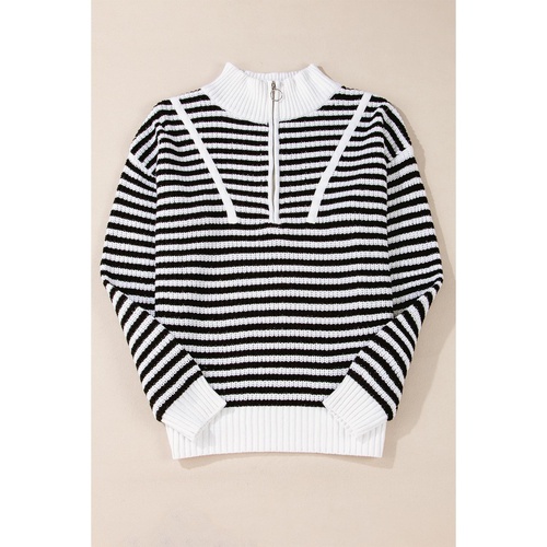 Black Stripe Zip up Collar Drop Shoulder Sweater - M - Main Image
