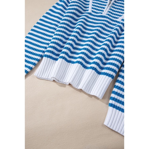 Sky Blue Stripe Zip up Collar Drop Shoulder Sweater - S - Main Image