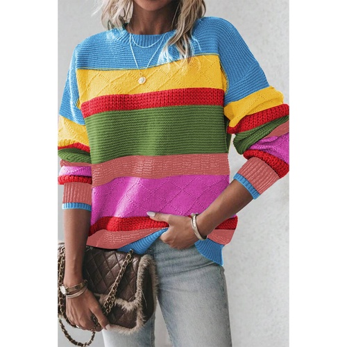 Light Blue Colorblock Mixed Textured Drop Shoulder Sweater - M - Main Image