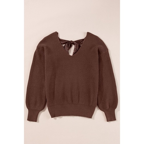 Coffee Lantern Sleeve V Neck Knot Back Sweater - L - Main Image