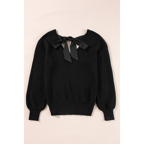 Black Lantern Sleeve V Neck Knot Back Sweater - XL - Main Image
