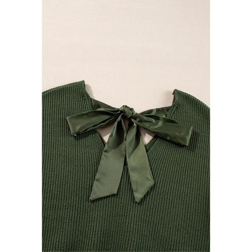 Jungle Green Lantern Sleeve V Neck Knot Back Sweater - XL - Main Image