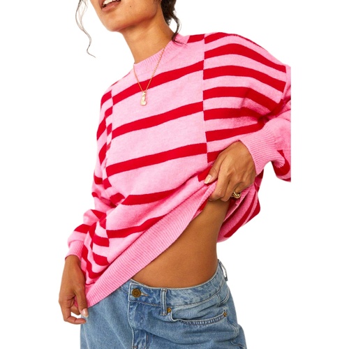 Pink Stripe Bubble Sleeve Drop Shoulder Ribbed Trim Sweater - L - Main Image
