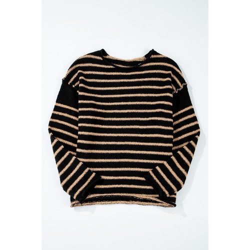 Black Stripe Drop Shoulder Round Neck Loose Sweater - S - Main Image