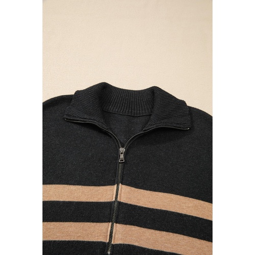 Black Stripe Collared Quarter Zipper Oversized Sweater - L - Main Image