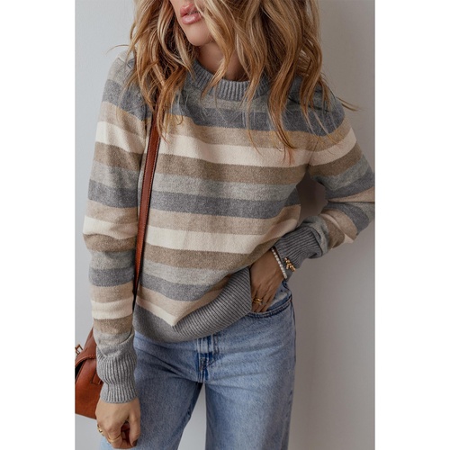 Gray Stripe Color Block Ribbed Edge Round Neck Sweater - XL - Main Image