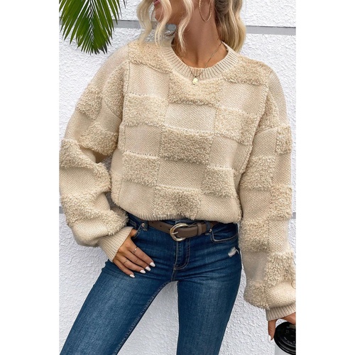 Parchment Checkered Sherpa Crew Neck Loose Sweater - L - Main Image
