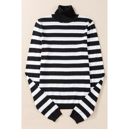 Black Stripe Slim Fit High Neck Knit Sweater - L - Main Image