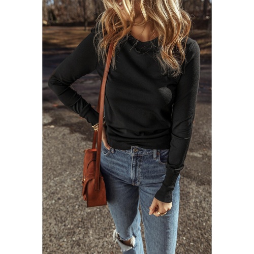 Black Solid Color Slim Fit Lightweight Crew Neck Sweater - S - Main Image