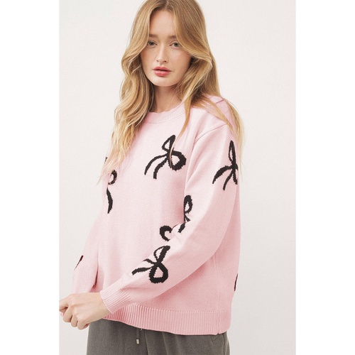 Light Pink Bow Pattern Knitted Loose Fit Sweater - L - Main Image