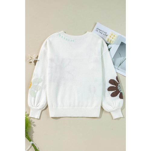 White Big Flower Pattern V Neck Drop Shoulder Sweater - M - Main Image