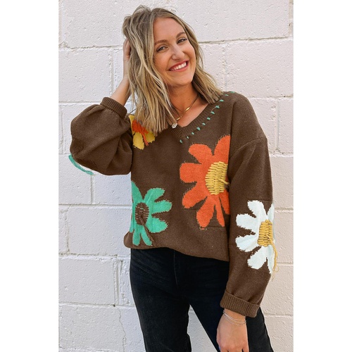 Coffee Big Flower Pattern V Neck Drop Shoulder Sweater - L - Main Image