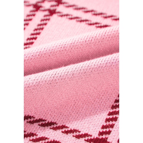 Pink Plaid Pattern Knitted Drop Shoulder Sweater - XL - Main Image