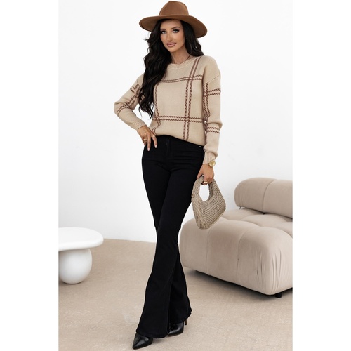 Khaki Plaid Pattern Knitted Drop Shoulder Sweater - L - Main Image