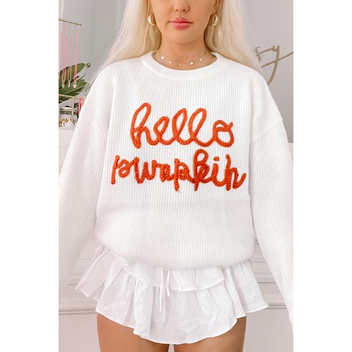 White Hello Pumpkin Graphic Sweater - L - Main Image