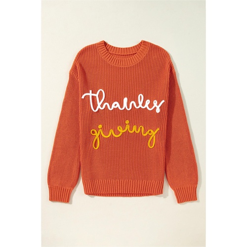 Gold Flame Thanks Giving Letter Graphic Crew Neck Sweater - L - Main Image