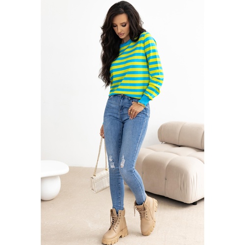 Green Stripe Crew Neck Drop Shoulder Casual Sweater - L - Main Image