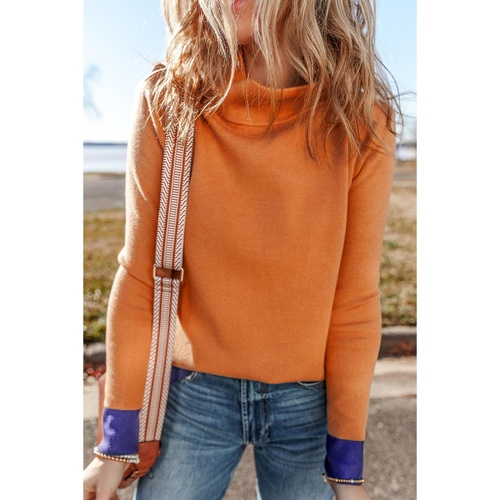 Straw Yellow Color Contrast Edge Mock Neck Slim Fit Sweater - L - Main Image