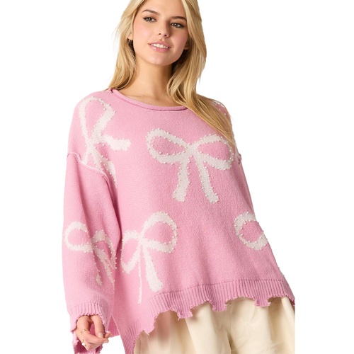 Pink Pearl Beaded Bowknot Pattern Distressed Split Hem Sweater - L - Main Image