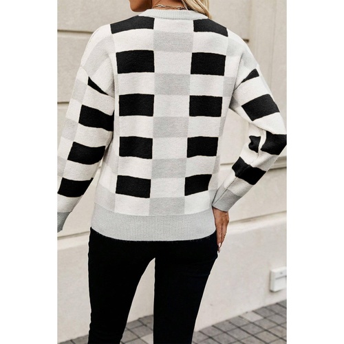 Black Checkered Ribbed Edge O Neck Drop Shoulder Sweater - M - Main Image