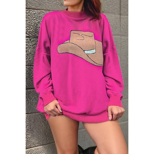 Rose Red YEEHAW Cowboy Hat Drop Shoulder Oversized Sweater - L - Main Image