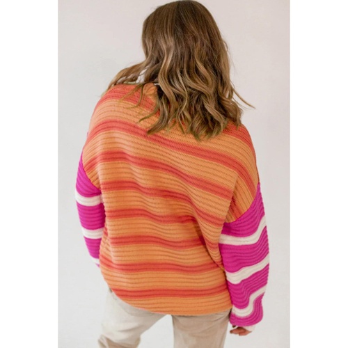 Orange Stripe Colorblock Crew Neck Drop Shoulder Loose Sweater - L - Main Image
