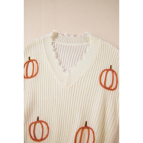 Beige Cable Knit Pumpkin Raw Hem V Neck Loose Sweater - S - Main Image