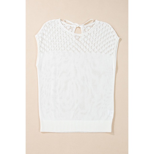 White Eyelet Knit Tied Back Short Sleeve Sweater - L - Main Image