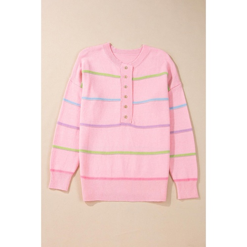 Pink Rainbow Stripes Drop Shoulder Baggy Henley Sweater - L - Main Image
