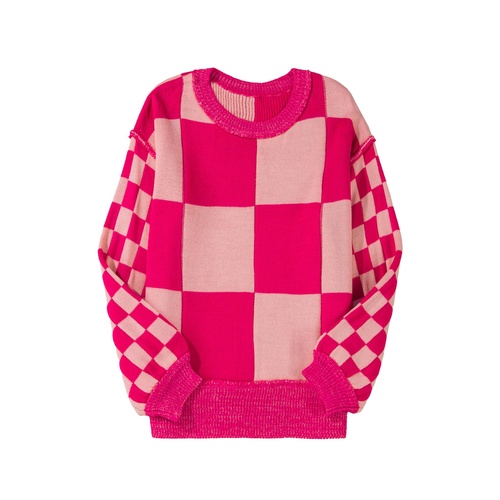 Rose Red Mixed Checkered Pattern Drop Shoulder Loose Sweater - L - Main Image