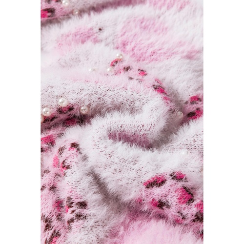 Pink Heart Leopard Print Pearled Ribbed Trim Fuzzy Sweater - L - Main Image