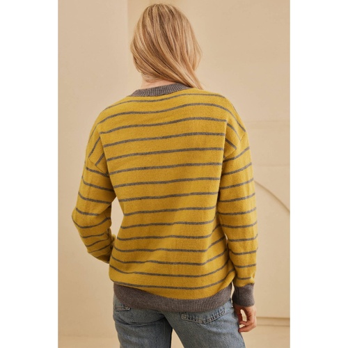 Yellow Stripe Daisy Floral Knitted Round Neck Sweater - L - Main Image