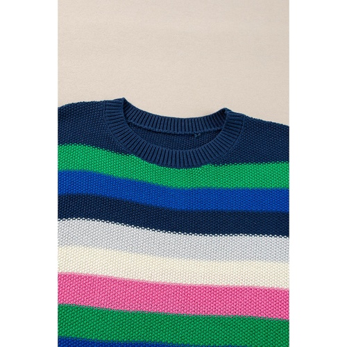 Bright Green Rainbow Striped Crew Neck Drop Shoulder Sweater - M - Main Image