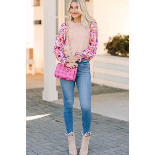 Oatmeal Floral Printed Patchwork Smocked Lantern Sleeve Knit Top - L - Main Image