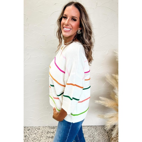White Colorblock Striped Half Sleeve Drop Shoulder Sweater - L - Main Image