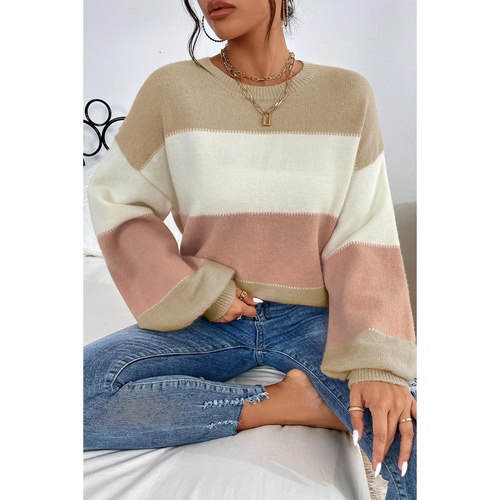 Dusty Pink Color Block Lantern Sleeve Drop Shoulder Sweater - L - Main Image