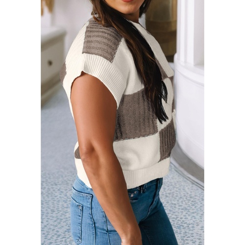 Khaki Checkered Color Block Crew Neck Short Sleeve Sweater - L - Main Image