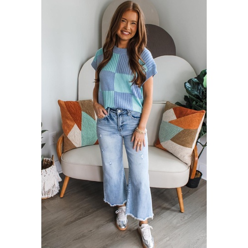 Light Blue Checkered Color Block Crew Neck Short Sleeve Sweater - XL - Main Image