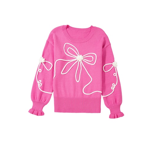 Bright Pink Corded Flower Bow Ribbed Trim Casual Sweater - M - Main Image