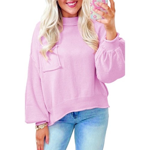 Pink Raw Edge Ribbed Detail Drop Shoulder Sweater - L - Main Image