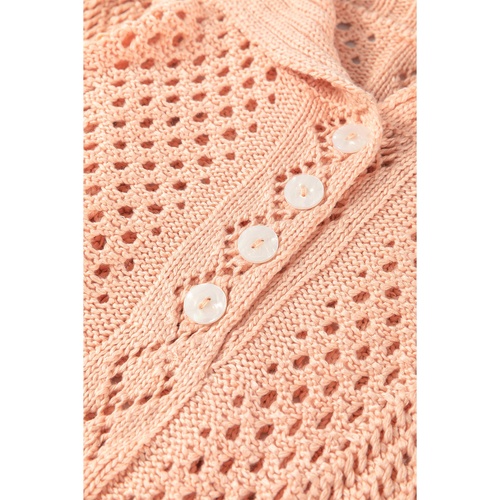 Apricot Pink Hollowed Knit 3/4 Dolman Sleeve Buttoned Collared Sweater - L - Main Image