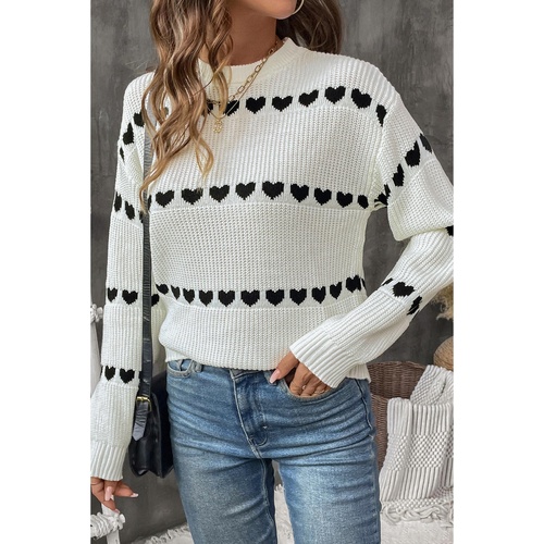 White Contrast Heart Pattern Crew Neck Sweater - L - Main Image