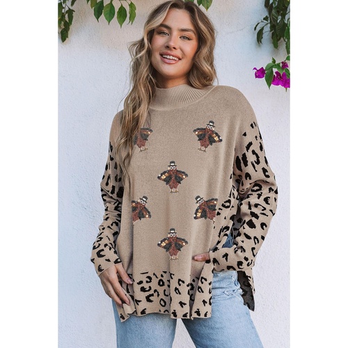 Khaki Sequin Turkey Leopard Mixed Pattern High Neck Sweater with Slits - M - Main Image