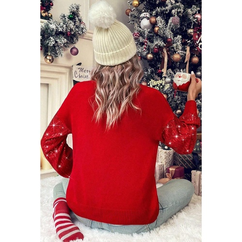Racing Red Merry Graphic Sequin Sleeves Christmas Turtleneck Sweater - L - Main Image